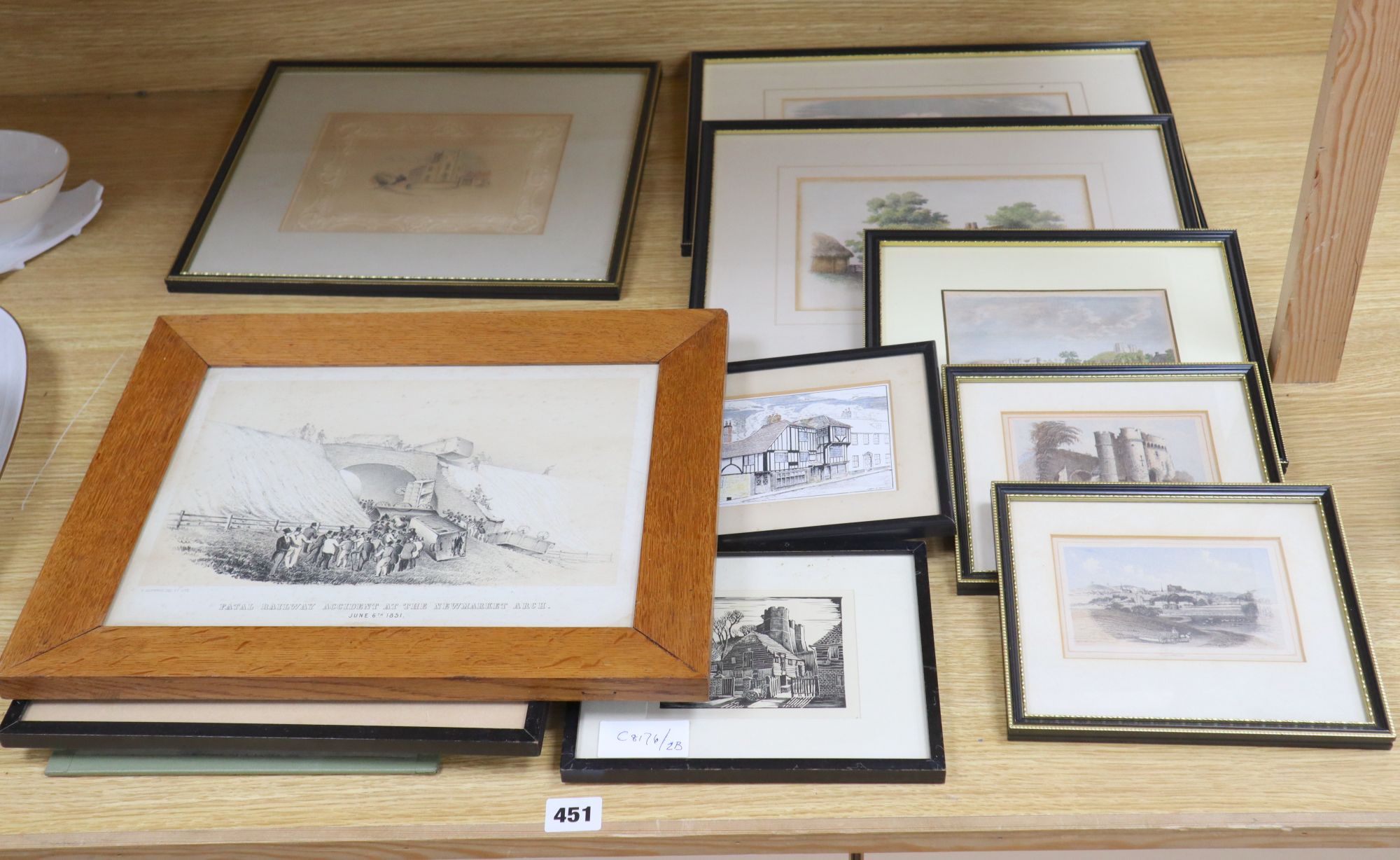 A group of assorted 19th century and later watercolours and prints, depicting scenes in and around Lewes, including Fatal Railway Acci